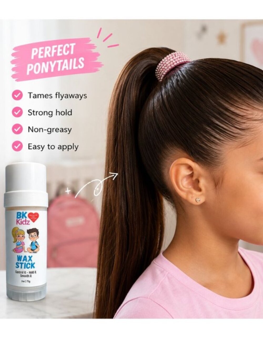 Bonsai Kids Hair Wax Stick - Flyaway Tamer & Easy Styling for Children, One-Hand